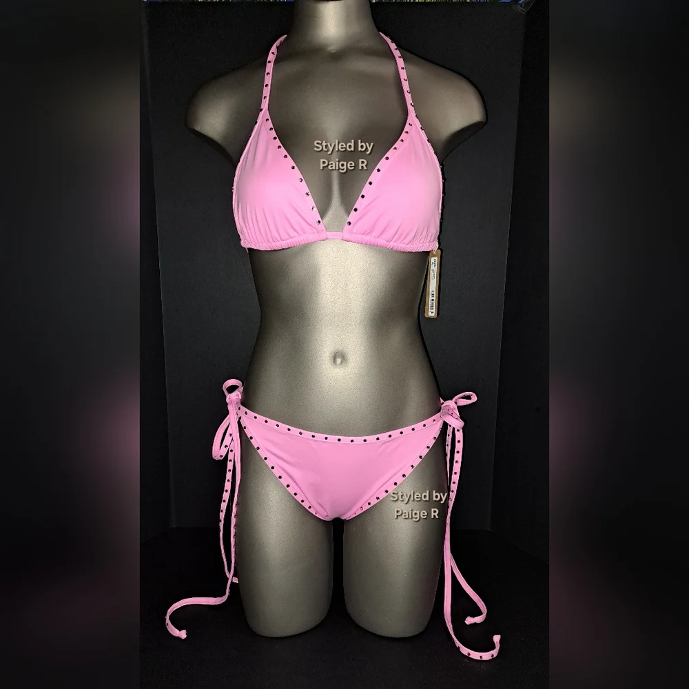 🩷NWT SKIMS Swim Rhinestone Triangle Bikini Top Tie Bottoms Set LIGHT PINK L XL